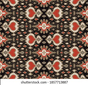 Ikat geometric folklore ornament. Oriental vector damask pattern. Ancient art of Arabesque. Tribal ethnic texture with heart. Spanish  carpet. Aztec style. Indian rug. Gypsy, Mexican embroidery.