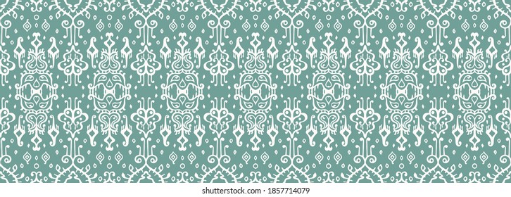 Ikat geometric folklore ornament. Oriental vector damask pattern. Ancient art of Arabesque. Tribal ethnic texture. Spanish motif on the carpet. Aztec style. Indian rug. Gypsy, Mexican embroidery.