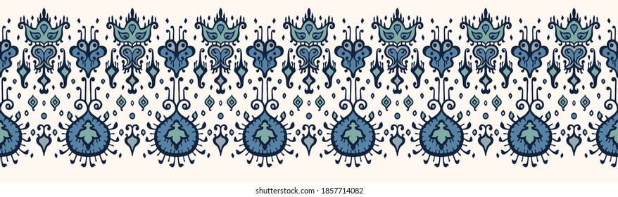 Ikat geometric folklore ornament. Oriental vector damask pattern. Ancient art of Arabesque. Tribal ethnic texture. Spanish motif on the carpet. Aztec style. Indian rug. Gypsy, Mexican embroidery.