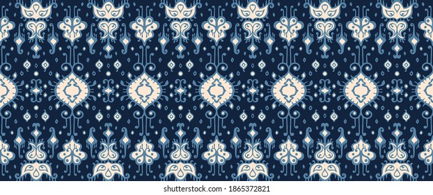 Ikat geometric folklore ornament. Oriental vector damask pattern. Ancient art of Arabesque. Tribal ethnic texture. Spanish motif on the carpet. Aztec style. Indian rug. Gypsy, Mexican embroidery.