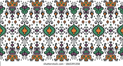 Ikat geometric folklore ornament. Oriental vector damask pattern. Ancient art of Arabesque. Tribal ethnic texture. Spanish motif on the carpet. Aztec style. Indian rug. Gypsy, Mexican embroidery.