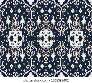 Ikat geometric folklore ornament. Oriental vector damask pattern. Ancient art of Arabesque. Tribal ethnic texture. Spanish motif on the carpet. Aztec style. Indian rug. Gypsy, Mexican embroidery.