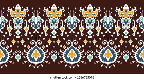 Ikat geometric folklore ornament. Oriental vector damask pattern. Ancient art of Arabesque. Tribal ethnic texture. Spanish motif on the carpet. Aztec style. Indian rug. Gypsy, Mexican embroidery.
