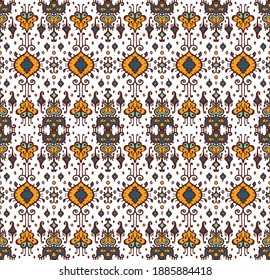 Ikat geometric folklore ornament. Oriental vector damask pattern. Ancient art of Arabesque. Tribal ethnic texture. Spanish motif on the carpet. Aztec style. Indian rug. Gypsy, Mexican embroidery.