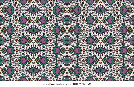 Ikat geometric folklore ornament. Oriental vector damask pattern. Ancient art of Arabesque. Tribal ethnic texture with heart. Spanish  carpet. Aztec style. Indian rug. Gypsy, Mexican embroidery.