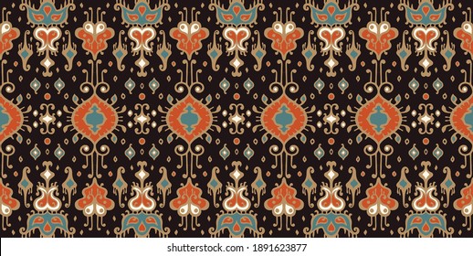 Ikat geometric folklore ornament. Oriental vector damask pattern. Ancient art of Arabesque. Tribal ethnic texture. Spanish motif on the carpet. Aztec style. Indian rug. Gypsy, Mexican embroidery.