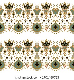 Ikat geometric folklore ornament. Oriental vector damask pattern. Ancient art of Arabesque. Tribal ethnic texture. Spanish motif on the carpet. Aztec style. Indian rug. Gypsy, Mexican embroidery.
