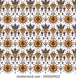 Ikat geometric folklore ornament. Oriental vector damask pattern. Ancient art of Arabesque. Tribal ethnic texture. Spanish motif on the carpet. Aztec style. Indian rug. Gypsy, Mexican embroidery.