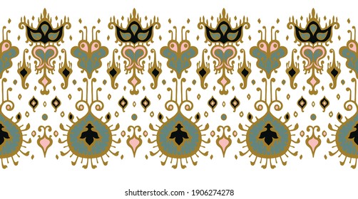 Ikat geometric folklore ornament. Oriental vector damask pattern. Ancient art of Arabesque. Tribal ethnic texture. Spanish motif on the carpet. Aztec style. Indian rug. Gypsy, Mexican embroidery.