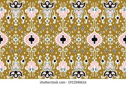Ikat geometric folklore ornament. Oriental vector damask pattern. Ancient art of Arabesque. Tribal ethnic texture. Spanish motif on the carpet. Aztec style. Indian rug. Gypsy, Mexican embroidery.