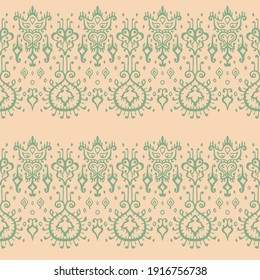 Ikat geometric folklore ornament. Oriental vector damask pattern. Ancient art of Arabesque. Tribal ethnic texture. Spanish motif on the carpet. Aztec style. Indian rug. Gypsy, Mexican embroidery.