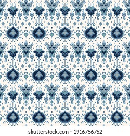 Ikat geometric folklore ornament. Oriental vector damask pattern. Ancient art of Arabesque. Tribal ethnic texture. Spanish motif on the carpet. Aztec style. Indian rug. Gypsy, Mexican embroidery.