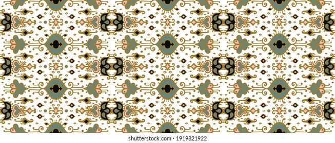 Ikat geometric folklore ornament. Oriental vector damask pattern. Ancient art of Arabesque. Tribal ethnic texture. Spanish motif on the carpet. Aztec style. Indian rug. Gypsy, Mexican embroidery.