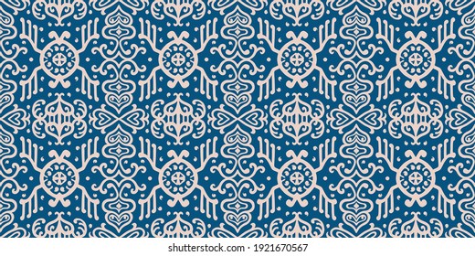 Ikat geometric folklore ornament. Oriental vector damask pattern. Ancient art of Arabesque. Tribal ethnic texture. Spanish motif on the carpet. Aztec style. Indian rug. Gypsy, Mexican embroidery.