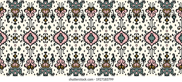 Ikat geometric folklore ornament. Oriental vector damask pattern. Ancient art of Arabesque. Tribal ethnic texture. Spanish motif on the carpet. Aztec style. Indian rug. Gypsy, Mexican embroidery.