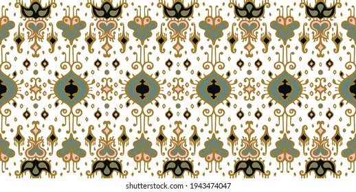 Ikat geometric folklore ornament. Oriental vector damask pattern. Ancient art of Arabesque. Tribal ethnic texture. Spanish motif on the carpet. Aztec style. Indian rug. Gypsy, Mexican embroidery.