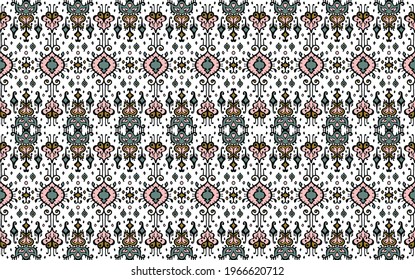 Ikat geometric folklore ornament. Oriental vector damask pattern. Ancient art of Arabesque. Tribal ethnic texture. Spanish motif on the carpet. Aztec style. Indian rug. Gypsy, Mexican embroidery.
