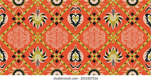 Ikat geometric folklore ornament. Oriental vector damask pattern. Ancient art of Arabesque. Tribal ethnic texture. Spanish motif on the carpet. Aztec style. Indian rug. Gypsy, Mexican embroidery.