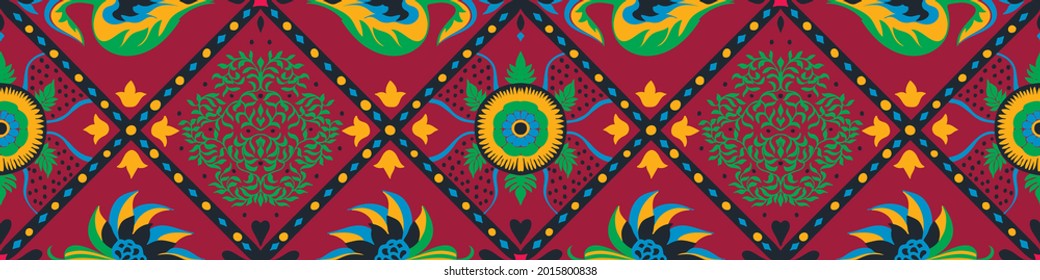 Ikat geometric folklore ornament. Oriental vector damask pattern. Ancient art of Arabesque. Tribal ethnic texture. Spanish motif on the carpet. Aztec style. Indian rug. Gypsy, Mexican embroidery.