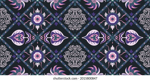 Ikat geometric folklore ornament. Oriental vector damask pattern. Ancient art of Arabesque. Tribal ethnic texture. Spanish motif on the carpet. Aztec style. Indian rug. Gypsy, Mexican embroidery.