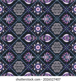 Ikat geometric folklore ornament. Oriental vector damask pattern. Ancient art of Arabesque. Tribal ethnic texture. Spanish motif on the carpet. Aztec style. Indian rug. Gypsy, Mexican embroidery.