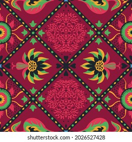 Ikat geometric folklore ornament. Oriental vector damask pattern. Ancient art of Arabesque. Tribal ethnic texture. Spanish motif on the carpet. Aztec style. Indian rug. Gypsy, Mexican embroidery.