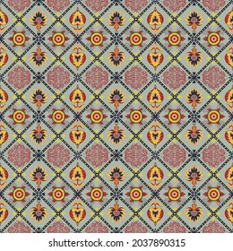 Ikat geometric folklore ornament. Oriental vector damask pattern. Ancient art of Arabesque. Tribal ethnic texture. Spanish motif on the carpet. Aztec style. Indian rug. Gypsy, Mexican embroidery.