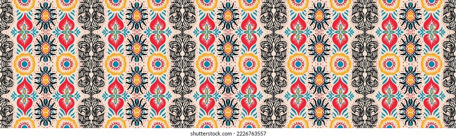 Ikat geometric folklore ornament. Oriental vector damask pattern. Ancient art of Arabesque. Tribal ethnic texture. Spanish motif on the carpet. Aztec style. Indian rug. Gypsy, Mexican embroidery.