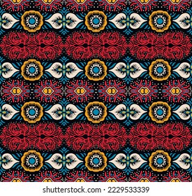 Ikat geometric folklore ornament. Oriental vector damask pattern. Ancient art of Arabesque. Tribal ethnic texture. Spanish motif on the carpet. Aztec style. Indian rug. Gypsy, Mexican embroidery.