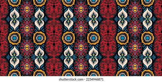 Ikat geometric folklore ornament. Oriental vector damask pattern. Ancient art of Arabesque. Tribal ethnic texture. Spanish motif on the carpet. Aztec style. Indian rug. Gypsy, Mexican embroidery.