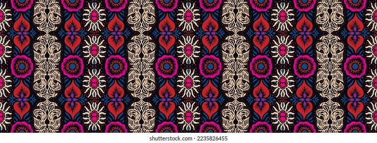 Ikat geometric folklore ornament. Oriental vector damask pattern. Ancient art of Arabesque. Tribal ethnic texture. Spanish motif on the carpet. Aztec style. Indian rug. Gypsy, Mexican embroidery.