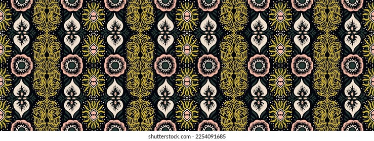 Ikat geometric folklore ornament. Oriental vector damask pattern. Ancient art of Arabesque. Tribal ethnic texture. Spanish motif on the carpet. Aztec style. Indian rug. Gypsy, Mexican embroidery.