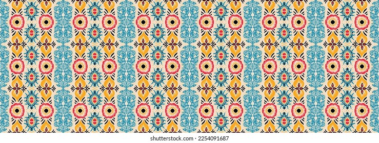 Ikat geometric folklore ornament. Oriental vector damask pattern. Ancient art of Arabesque. Tribal ethnic texture. Spanish motif on the carpet. Aztec style. Indian rug. Gypsy, Mexican embroidery.