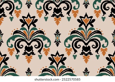 Ikat geometric folklore ornament. Oriental vector damask pattern. Ancient art of Arabesque. Tribal ethnic texture. Spanish motif on the carpet. Aztec style. Indian rug. Gypsy, Mexican embroidery.