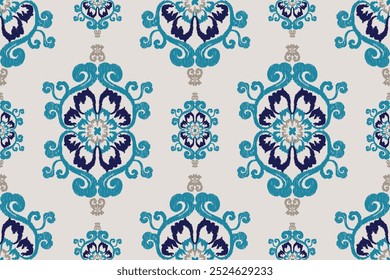 Ikat geometric folklore ornament. Oriental vector damask pattern. Ancient art of Arabesque. Tribal ethnic texture. Spanish motif on the carpet. Aztec style. Indian rug. Gypsy, Mexican embroidery.