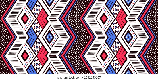 Ikat geometric folklore ornament. Tribal ethnic vector texture. Seamless striped  pattern in Aztec style. Figure tribal  embroidery. Indian, Scandinavian, Gypsy, Mexican, folk pattern. 