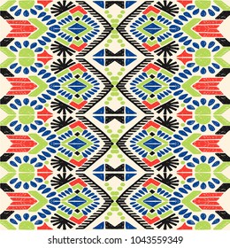 Ikat geometric folklore ornament. Tribal ethnic vector texture. Seamless striped  pattern in Aztec style. Figure tribal  embroidery. Indian, Scandinavian, Gypsy, Mexican, folk pattern. 