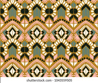 Ikat geometric folklore ornament. Tribal ethnic vector texture. Seamless striped  pattern in Aztec style. Figure tribal  embroidery. Indian, Scandinavian, Gypsy, Mexican, folk pattern. 