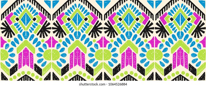 	
Ikat geometric folklore ornament. Tribal ethnic vector texture. Seamless striped pattern in Aztec style. Figure tribal embroidery. Indian, Scandinavian, Gypsy, Mexican, folk pattern. 