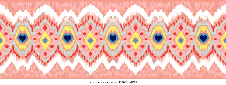 Ikat geometric folklore ornament. Tribal ethnic vector texture. Seamless striped pattern in Aztec style. Figure tribal embroidery. Indian, Scandinavian, Gypsy, Mexican, folk pattern.