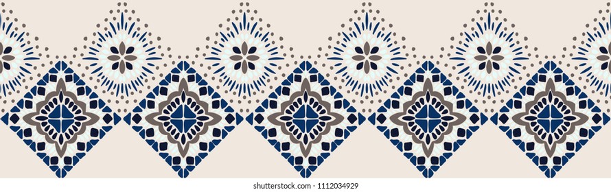 Ikat geometric folklore ornament. Tribal ethnic vector texture. Seamless striped pattern in Aztec style. Figure tribal embroidery. Indian, Scandinavian, Gypsy, Mexican, folk pattern. 