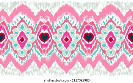 Ikat geometric folklore ornament. Tribal ethnic vector texture. Seamless striped pattern in Aztec style. Figure tribal embroidery. Indian, Scandinavian, Gypsy, Mexican, folk pattern.