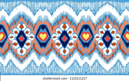 Ikat geometric folklore ornament. Tribal ethnic vector texture. Seamless striped pattern in Aztec style. Figure tribal embroidery. Indian, Scandinavian, Gypsy, Mexican, folk pattern.