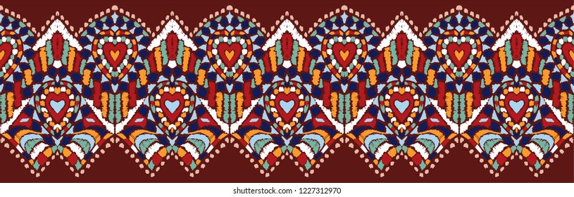 Ikat geometric folklore ornament. Tribal ethnic vector texture. Seamless striped pattern in Aztec style. Figure tribal embroidery. Indian, Scandinavian, Gypsy, Mexican, folk pattern.