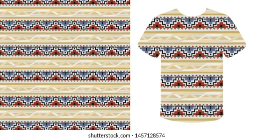 Ikat geometric folklore ornament. Tribal ethnic vector texture. Seamless striped pattern in Aztec style. Figure tribal embroidery. Indian, Scandinavian, Gypsy, Mexican, folk pattern.Tshirt design
