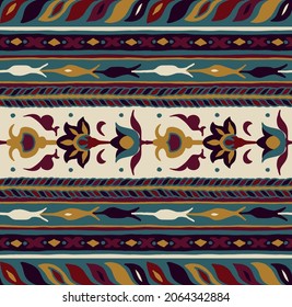 Ikat geometric folklore ornament. Tribal ethnic vector texture. Seamless striped pattern in Aztec style. Figure tribal embroidery. Indian, Scandinavian, Gypsy, Mexican, folk pattern.