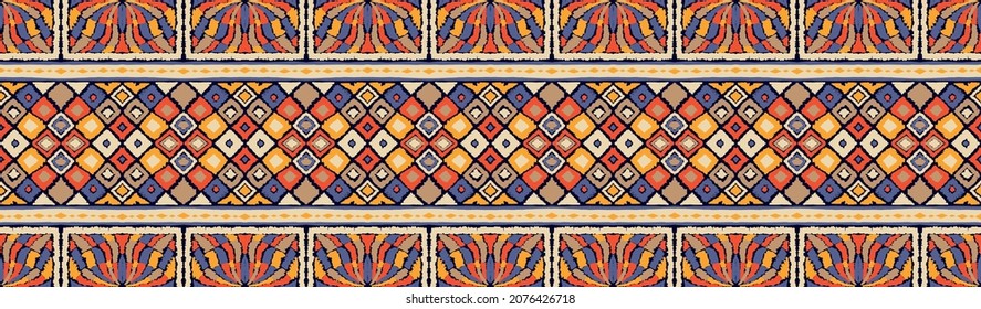 Ikat geometric folklore ornament. Tribal ethnic vector texture. Seamless striped pattern in Aztec style. Figure tribal embroidery. Indian, Scandinavian, Gypsy, Mexican, folk pattern.