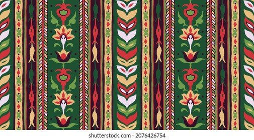 Ikat geometric folklore ornament. Tribal ethnic vector texture. Seamless striped pattern in Aztec style. Figure tribal embroidery. Indian, Scandinavian, Gypsy, Mexican, folk pattern.