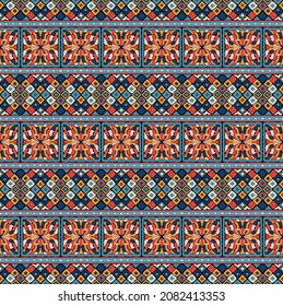 Ikat geometric folklore ornament. Tribal ethnic vector texture. Seamless striped pattern in Aztec style. Figure tribal embroidery. Indian, Scandinavian, Gypsy, Mexican, folk pattern.