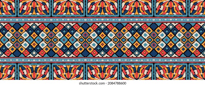 Ikat geometric folklore ornament. Tribal ethnic vector texture. Seamless striped pattern in Aztec style. Figure tribal embroidery. Indian, Scandinavian, Gypsy, Mexican, folk pattern.